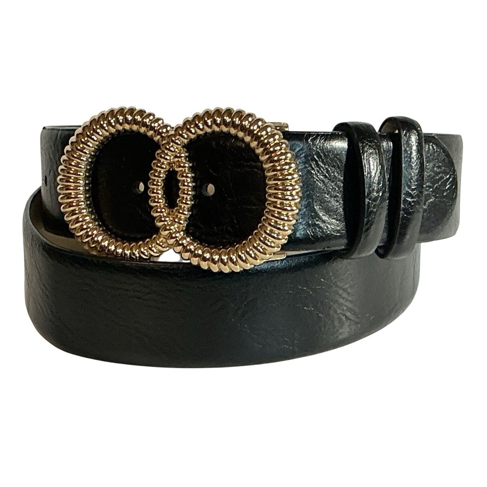 Vince Camuto Belt Womens Large Black Faux Leather Gold Tone Double Ring Buckle